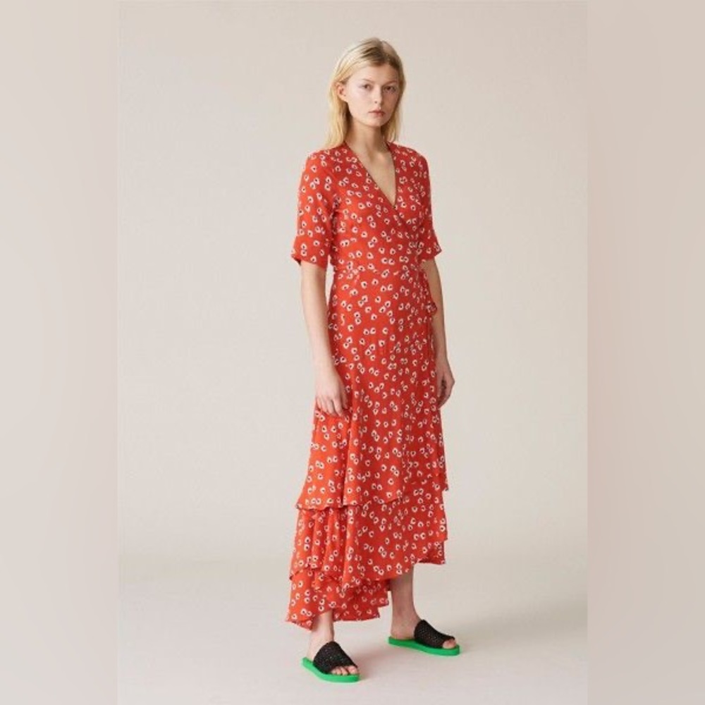 Ganni red floral wrap dress